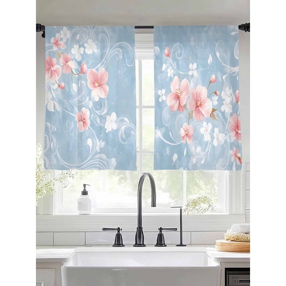 Pink Flowers Sheer Curtains for Living Room Bedroom Farmhouse Watercolor Botanical Florals Sheer Curtains 45 Inch Long 2 Panels Set Light Filtering Curtain Window Treatments Drapes for Dining Room