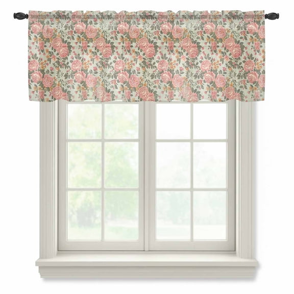 Pink Flowers Sheer Curtains Valances for Windows Romantic Botanical Floral Leaves Plants Chiffon Kitchen Valances for Cafe, Voile Window Treatments Curtains for Living Room Bedroom, 42"x18"