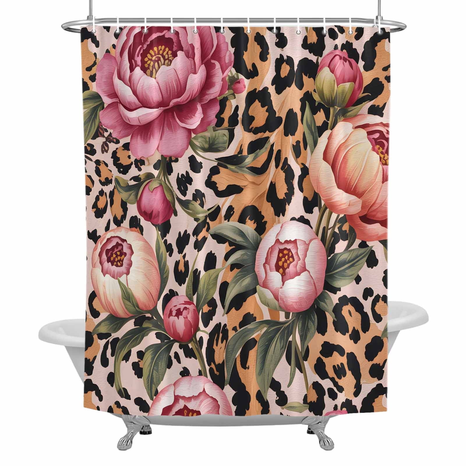 Pink Flowers Shower Curtain for Bathroom, Retro Leopard Stripes Animals Floral Plant Waterproof Cloth Fabric Bathroom Accessories Set with 12 Rust Proof Plastic Hooks, 72"x84"