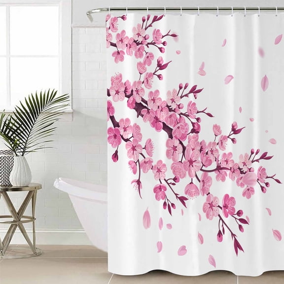 Pink Flowers Shower Curtain Set, Waterproof Shower Curtains for Bathroom, Pastoral Botanical Blossom Tree Branches Washable Fabric Cloth Bath Curtain for Bathtub Decoration with Hooks 66x72 Inches