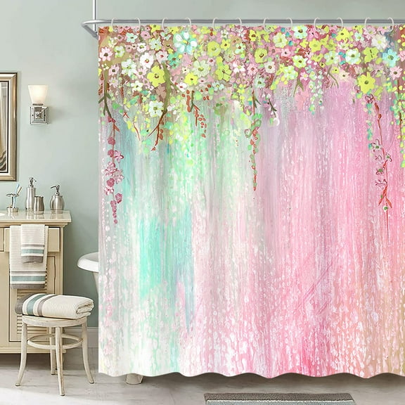 Pink Flowers Shower Curtain, Spring Abstract Romantic Floral Leaf Vines Botanical Ink Shower Curtain Set, Natural Watercolor Floral Shower Curtain for Bathroom Decor with 12 Hooks 72x72 inch