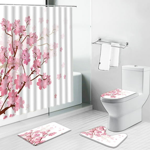 Pink Flowers Shower Curtains Bath Mat Non-Slip Rugs Chinese Style Scenery Toilet Carpet Bathroom Home Decor Screen Luxury Set