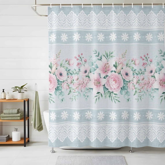 Pink Flowers Shower Curtains for Bathroom, Blue Country Botanical Floral Stripes Waterproof Fabric Shower Curtain, Decorative Bathroom Curtain for Bathtub, 72"x84", No Hooks Included