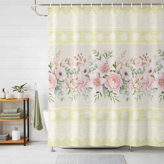 Pink Flowers Shower Curtains for Bathroom, Farmhouse Botanical Floral Boho Striped Waterproof Fabric Shower Curtain, Decorative Bathroom Curtain for Bathtub, 72"x84", No Hooks Included