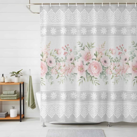 Pink Flowers Shower Curtains for Bathroom, Grey Vintage Botanical Floral Striped Waterproof Fabric Shower Curtain, Decorative Bathroom Curtain for Bathtub, 36"x72", No Hooks Included