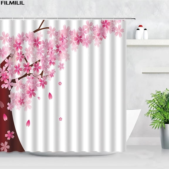 Pink Flowers Shower Curtains Cherry Blossom Butterfly Nature Floral Plant Rural Scenery Fabric Bath Curtain Bathroom Decor