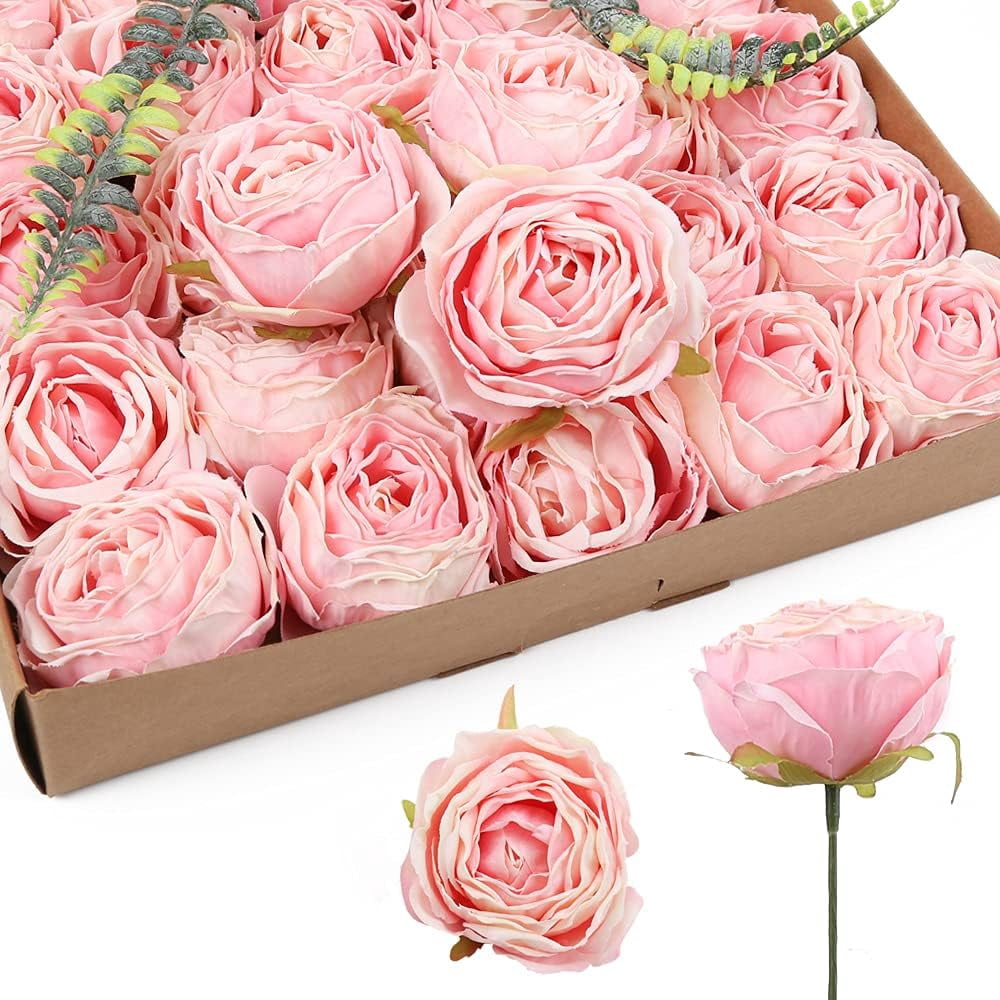 Pink Flowers Silk Rose Heads Pink Fake Roses Artificial Flowers Real Touch Pink Roses for Wall Decoration Fake Flowers Bouquet Silk Roses Flower Heads Bulk for Wedding Centerpieces (Pink)