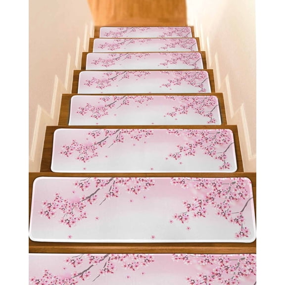 Pink Flowers Stair Treads for Wooden Steps Indoor Runner Rug Carpet, Spring Botanical Floral Branches Gradient 15 Pieces Peel and Stick Staircase Step Treads Covers Washable Throw Door Mats, 30"x8"