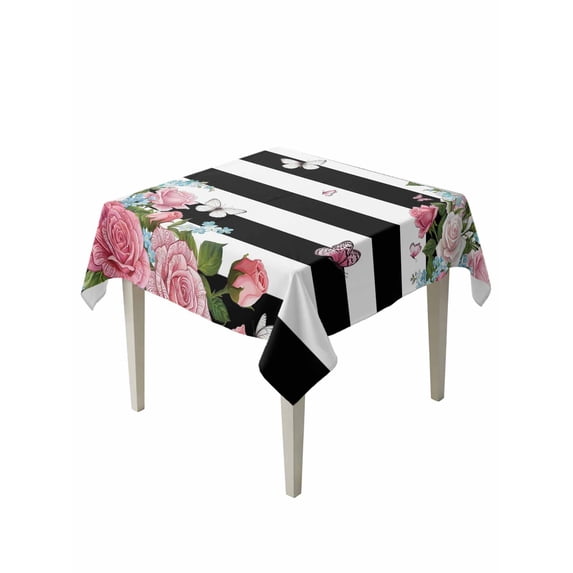 Pink Flowers Suqare Tablecloth - 54 x 54 Inch, Spring Floral Butterflies Black White Striped Farmhouse Waterproof & StainResistant Tablecloth, Washable Oil-proof Table Cover for Dining/Party/Wedding