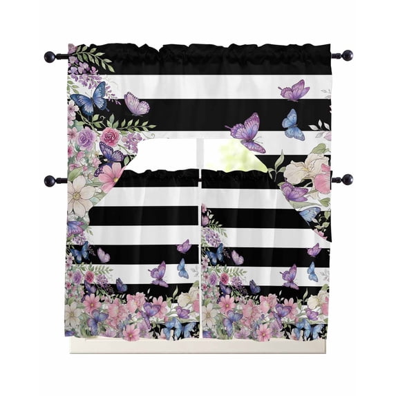 Pink Flowers Swag Curtains for Living Room/Bedroom Windows, Spring Floral Watercolor Botanical Farmhouse Striped Kitchen Curtains and Valances Set 36 Inch Length, Swags Valance Curtain Panels