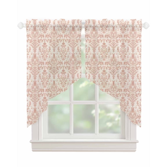 Pink Flowers Swag Valances for Windows, Baroque Scroll Floral Damask Pattern Art Rod Pocket Sheer Valances for Small Windows, Swag Toppers Light Filtering for Kitchen Living Room 2 Panels 28''x36''