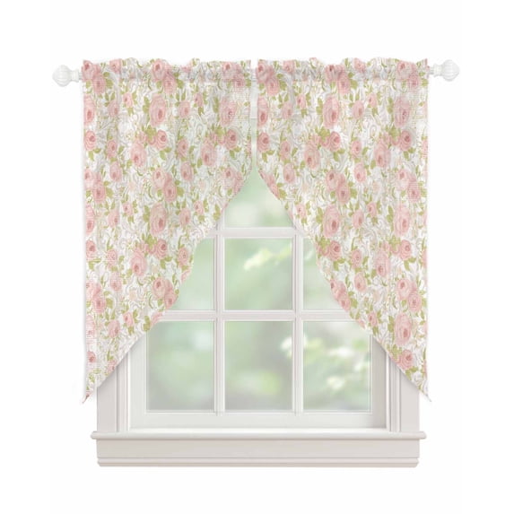 Pink Flowers Swag Valances for Windows, Country Botanical Floral Leaves Romantic Rod Pocket Sheer Valances for Large Windows, Swag Toppers Light Filtering for Kitchen Living Room 2 Panels 36''x63''