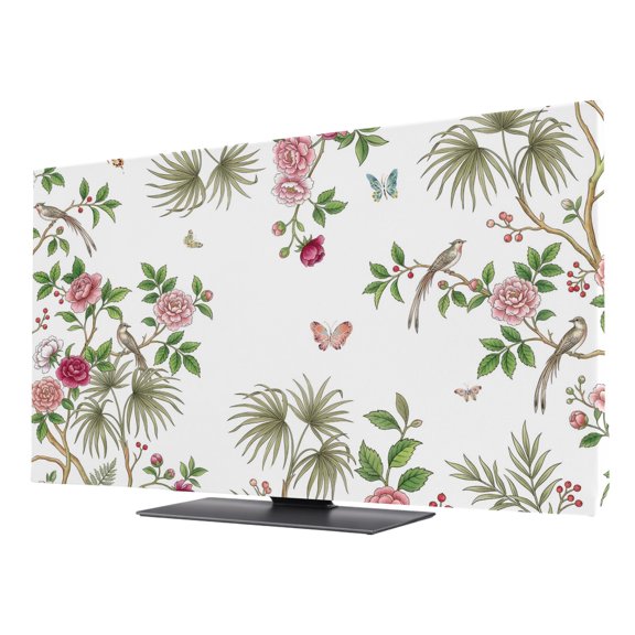 Pink Flowers TV Cover for 24 Inch Screen,Stretch Fabric Dustproof TV Display Protector,Spring Floral Butterfly Botanical Elegant Elastic Slipcover Monitor Cover for Indoor Computer 20.9"x11.8"