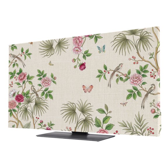Pink Flowers TV Cover for 50 Inch Screen,Stretch Fabric Dustproof TV Display Protector,Spring Floral Butterfly Rustic Botanical Elastic Slipcover Monitor Cover for Indoor Desktop Computer 43.6"x24.5"