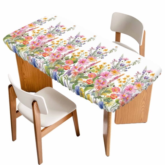 Pink Flowers Table Cloths for 3 Foot Rectangle Tables, Spring Floral Daisy Farmhouse Pastoral Botanical Patio Waterproof Elastic Fitted Tablecloths, Washable Rectangular Table Cover for Camping