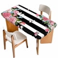 thumbnail image 1 of Pink Flowers Table Cloths for 4 Foot Rectangle Tables, Spring Floral Butterflies Black White Striped Farmhouse Patio Waterproof Elastic Fitted Tablecloths, Rectangular Table Cover for Camping, 1 of 8