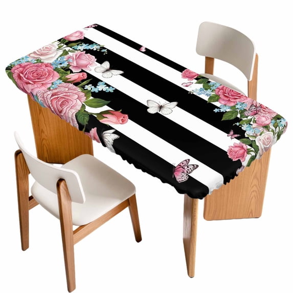 Pink Flowers Table Cloths for 4 Foot Rectangle Tables, Spring Floral Butterflies Black White Striped Farmhouse Patio Waterproof Elastic Fitted Tablecloths, Rectangular Table Cover for Camping
