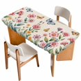 thumbnail image 1 of Pink Flowers Table Cloths for 4 Foot Rectangle Tables, Spring Floral Butterfly Leaves Plants Retro Beige Patio Waterproof Elastic Fitted Tablecloths, Washable Rectangular Table Cover for Camping, 1 of 8