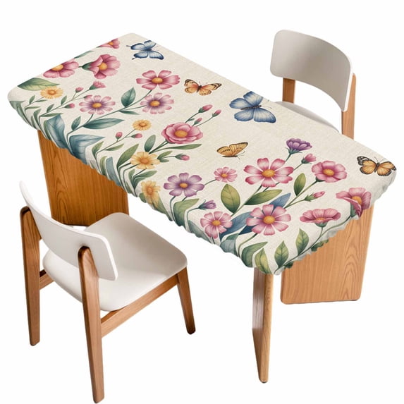 Pink Flowers Table Cloths for 4 Foot Rectangle Tables, Spring Floral Butterfly Leaves Plants Retro Beige Patio Waterproof Elastic Fitted Tablecloths, Washable Rectangular Table Cover for Camping
