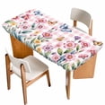 thumbnail image 1 of Pink Flowers Table Cloths for 4 Foot Rectangle Tables, Spring Floral Butterfly Leaves Plants Rustic Plaid Patio Waterproof Elastic Fitted Tablecloths, Washable Rectangular Table Cover for Camping, 1 of 8