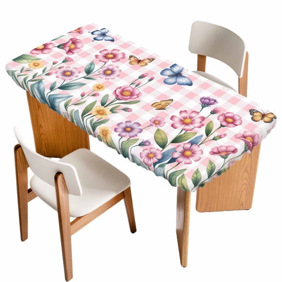 Pink Flowers Table Cloths for 4 Foot Rectangle Tables, Spring Floral Butterfly Leaves Plants Rustic Plaid Patio Waterproof Elastic Fitted Tablecloths, Washable Rectangular Table Cover for Camping