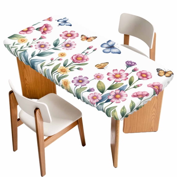 Pink Flowers Table Cloths for 5 Foot Rectangle Tables, Spring Floral Butterfly Leaves Plants Pastoral Patio Waterproof Elastic Fitted Tablecloths, Washable Rectangular Table Cover for Camping