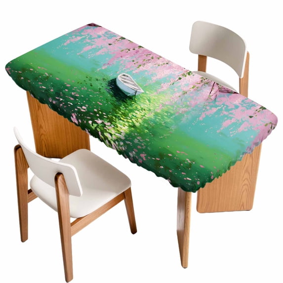 Pink Flowers Table Cloths for 6 Foot Rectangle Tables, Green Lake Spring Plants Small Boat Patio Waterproof Elastic Fitted Tablecloths, Washable Rectangular Table Cover for Camping