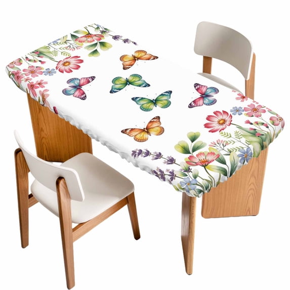 Pink Flowers Table Cloths for 6 Foot Rectangle Tables, Spring Floral Butterfly Elegant Pastoral Patio Waterproof Elastic Fitted Tablecloths, Washable Rectangular Table Cover for Camping