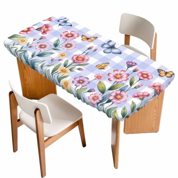 Pink Flowers Table Cloths for 6 Foot Rectangle Tables, Spring Floral Butterfly Leaves Plants Blue Plaid Patio Waterproof Elastic Fitted Tablecloths, Washable Rectangular Table Cover for Camping