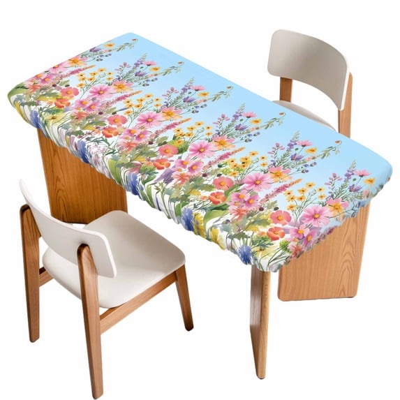 Pink Flowers Table Cloths for 6 Foot Rectangle Tables, Spring Floral Daisy Pastoral Botanical Sky Blue Patio Waterproof Elastic Fitted Tablecloths, Washable Rectangular Table Cover for Camping
