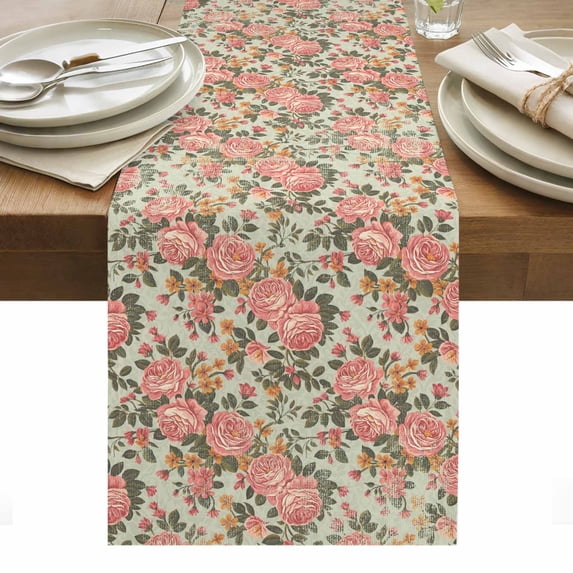 Pink Flowers Table Runner - 108 Inch Long, Kitchen Dining Table Runner Dresser Scarves, Romantic Botanical Floral Leaves Plants Farmhouse Decor for Coffee Tables Wedding Party Banquet