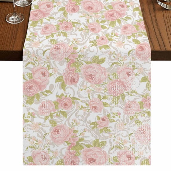 Pink Flowers Table Runner 108 Inches Long,Country Botanical Floral Leaves Romantic Cotton Linen Table Runners Dresser Scarves,Decorative Tabletop Scarf Furniture Cover for Home Dinner Party 13"x108"
