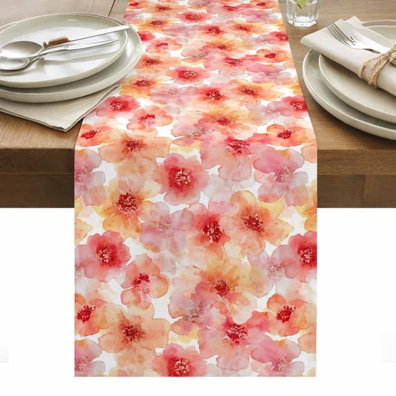 Pink Flowers Table Runner - 120 Inch Long, Kitchen Dining Table Runner Dresser Scarves, Pastoral Floral Leaves Botanical Rustic Farmhouse Decor for Coffee Tables Wedding Party Banquet