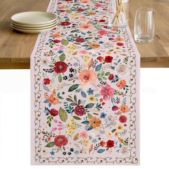 Pink Flowers Table Runner - 60 Inch Long Spring Farmhouse Floral Leaves Vintage Cotton and Linen Blended Dress Scarves Farmhouse Table Runner for Kitchen Dining, Coffee Table, 13" x 60"