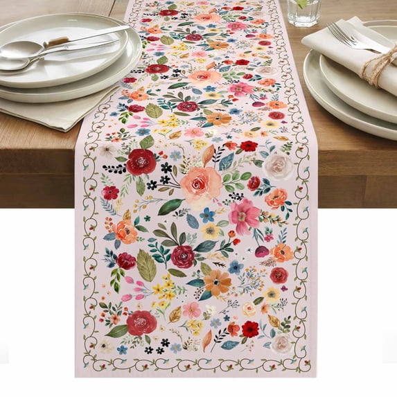 Pink Flowers Table Runner - 70 Inch Long, Kitchen Dining Table Runner Dresser Scarves, Spring Farmhouse Floral Leaves Vintage Farmhouse Decor for Coffee Tables Wedding Party Banquet