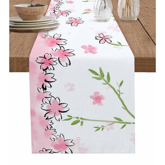 Pink Flowers Table Runner 70 Inches, Cartoon Botanical Floral Vines Leaves Bed Runner Dresser Scarves Tabletop for Indoor Outdoor Parties/Ceremony/Banquet, 13" x 70"