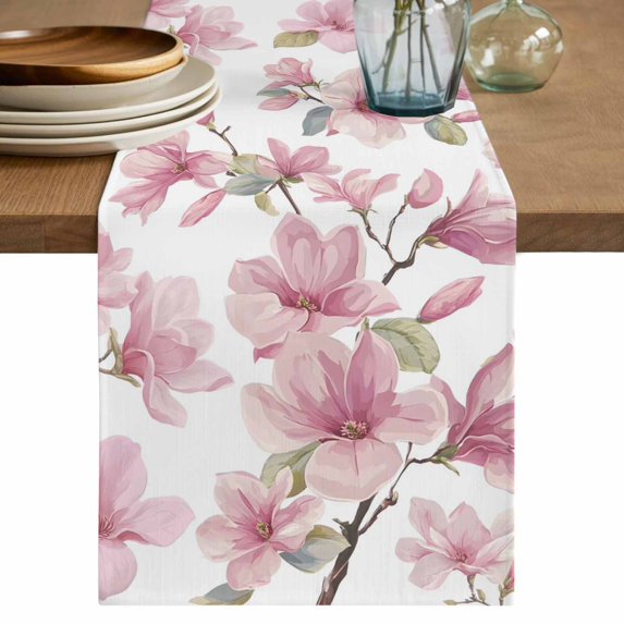 Pink Flowers Table Runner 72 Inches, Spring Watercolor Botanical Floral Leaf Plant Bed Runner Dresser Scarves Tabletop for Indoor Outdoor Parties/Ceremony/Banquet, 14" x 72"