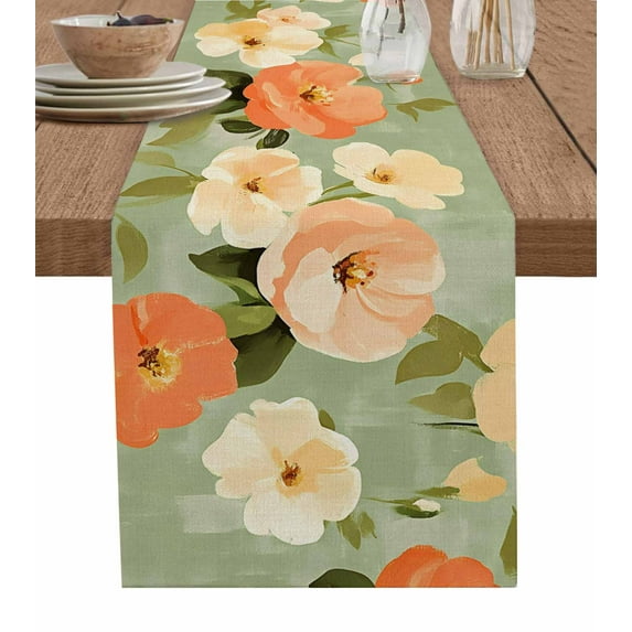 Pink Flowers Table Runner Cotton Linen 60 Inch Holiday Dresser Scarves, Pastoral Botanical Retro Oil Painting Tablerunner for Kitchen Coffee Dining Bedroom Living Room Dinner Scarf Décor 13''x60''