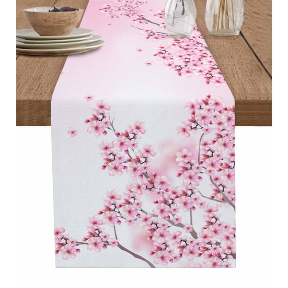 Pink Flowers Table Runner Cotton Linen 60 Inch Holiday Dresser Scarves, Spring Botanical Floral Branches Gradient Tablerunner for Kitchen Coffee Dining Bedroom Dinner Scarf Décor 13''x60''