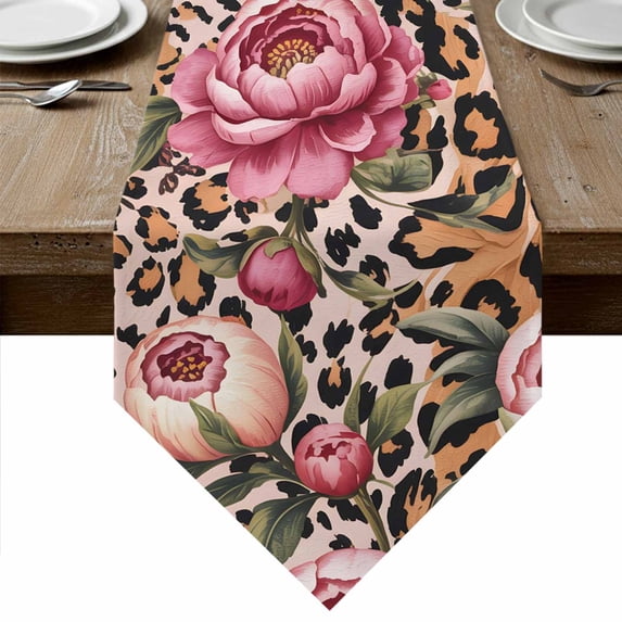Pink Flowers Table Runner Linen Burlap Table Runner 72 Inches Long Leopard Spot Vintage Floral Country Plants Dresser Scarves for Kitchen Island Coffee Dining Party Wedding Holiday Decor 16"x72"