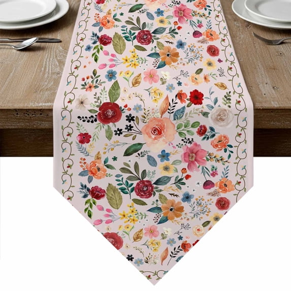 Pink Flowers Table Runner Linen Burlap Table Runner 72 Inches Long Spring Farmhouse Floral Leaves Vintage Dresser Scarves for Kitchen Island Coffee Dining Party Wedding Banquet Holiday Decor 14"x72"