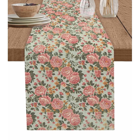 Pink Flowers Table Runner Romantic Botanical Floral Leaves Plants Tablerunners 13 x 70 Inch, Table Decorations Tabletop Scarf for Summer Gathering Holiday Farmhouse Kitchen Dining Decor