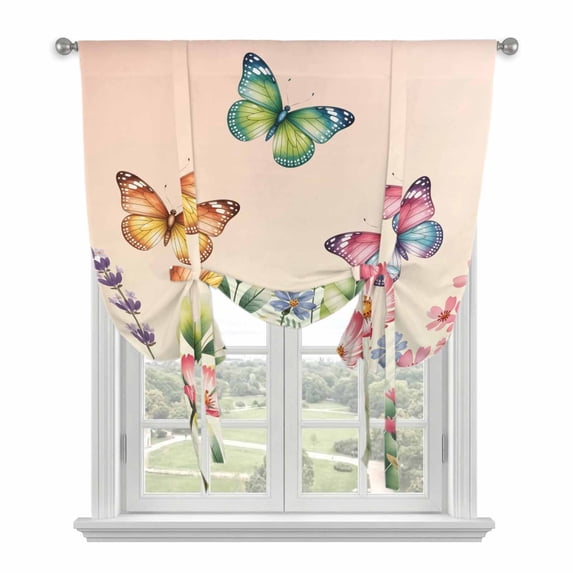 Pink Flowers Tie Up Curtains 45 Inches Long, Kitchen Window Curtains Over Sink, Spring Floral Butterfly Elegant Pastoral Botanical Small Window Curtains Balloon Curtains Valances for Bedroom 34"x45"
