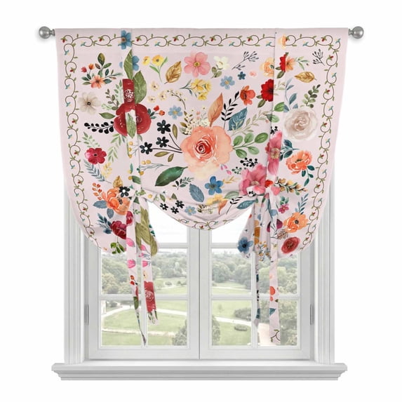 Pink Flowers Tie Up Curtains for Windows, Adjustable Balloon Window Shades, Spring Farmhouse Floral Leaves Vintage Kitchen Window Treatments Adjustable Roll Up Curtain for Basement/Nursery 52"x45"