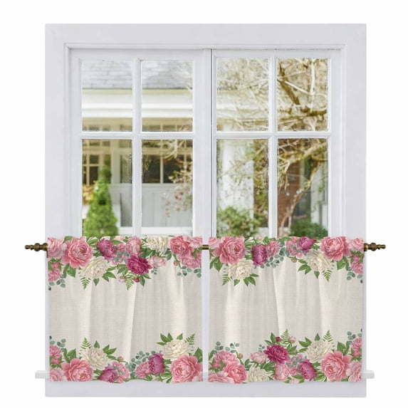 Pink Flowers Tier Curtains 24 Inch Length, Spring Floral Farmhouse Botanical Rustic Cafe Short Curtains for Bathroom Over Sink, Small Kitchen Curtain Light Filtering Drapes 2 Panels 27.5"Wx24"L