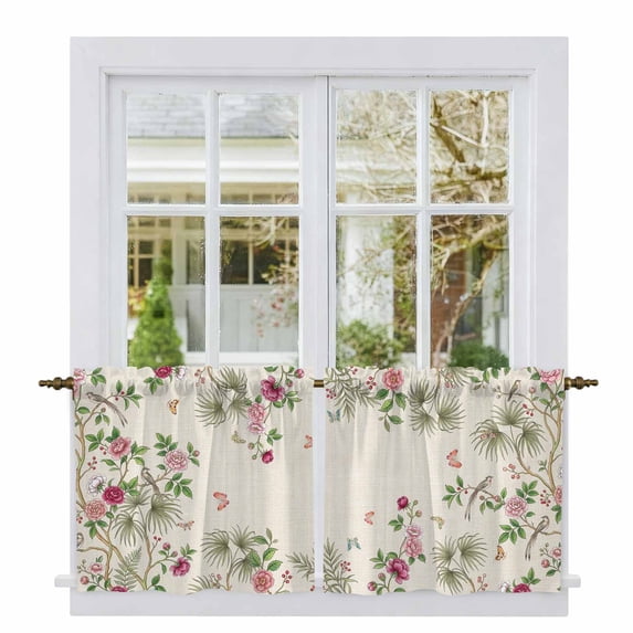 Pink Flowers Tier Curtains 36 Inch Length, Spring Floral Butterfly Rustic Botanical Cafe Short Curtains for Bathroom Over Sink, Small Kitchen Curtain Light Filtering Drapes 2 Panels 27.5"Wx36"L
