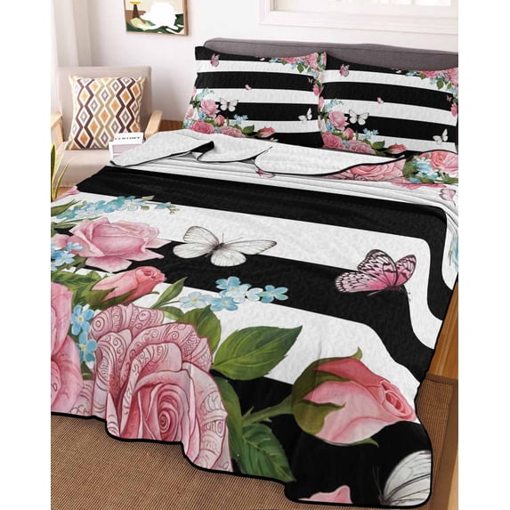 Pink Flowers Twin Size Down Alternative Comforter,Lightweight Comforter Quilt Bedding Set with Pillow Shams Spring Floral Butterflies Black White Striped Farmhouse Bed Comforter Duvet Insert 68"x86"