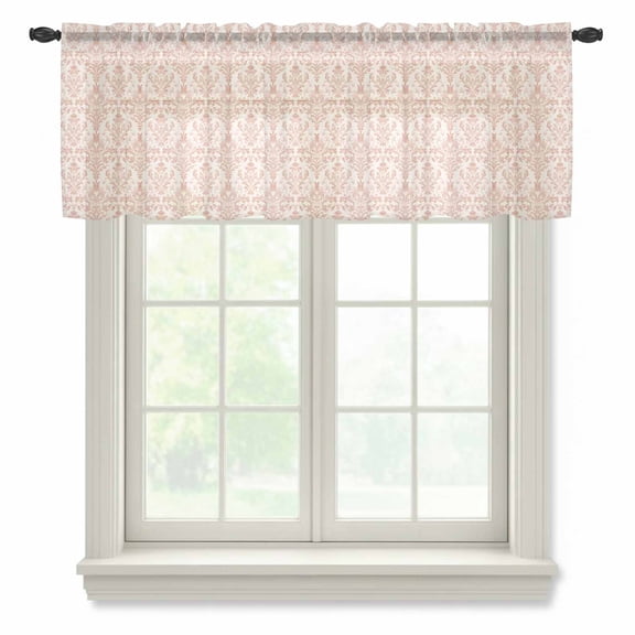 Pink Flowers Valance Curtains for Kitchen/Living Room/Bathroom/Bedroom Window, Rod Pocket Small Topper Half Short Window Curtains Voile Sheer Scarf, Baroque Scroll Floral Damask Pattern Art 42"x12"