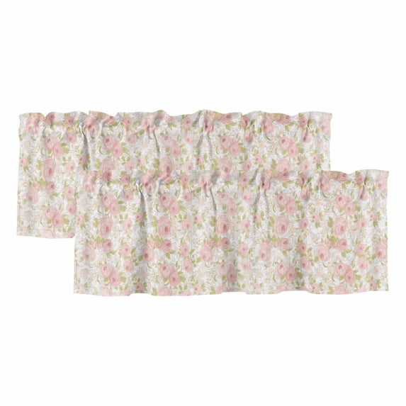 Pink Flowers Valances for Windows, Country Botanical Floral Leaves Romantic Light Filtering Kitchen Curtains, Rod Pocket Window Valance Curtains for Living Room Bedroom, 42" W x 18" L, 2 Panels