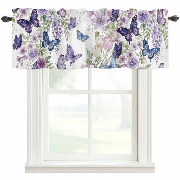 Pink Flowers Valances for Windows Farmhouse Kitchen Curtains Valances Rod Pocket Valance Curtains for Windows Spring Floral Purple Butterflies Watercolor Window Valances for Bathroom Bedroom 42"x12"